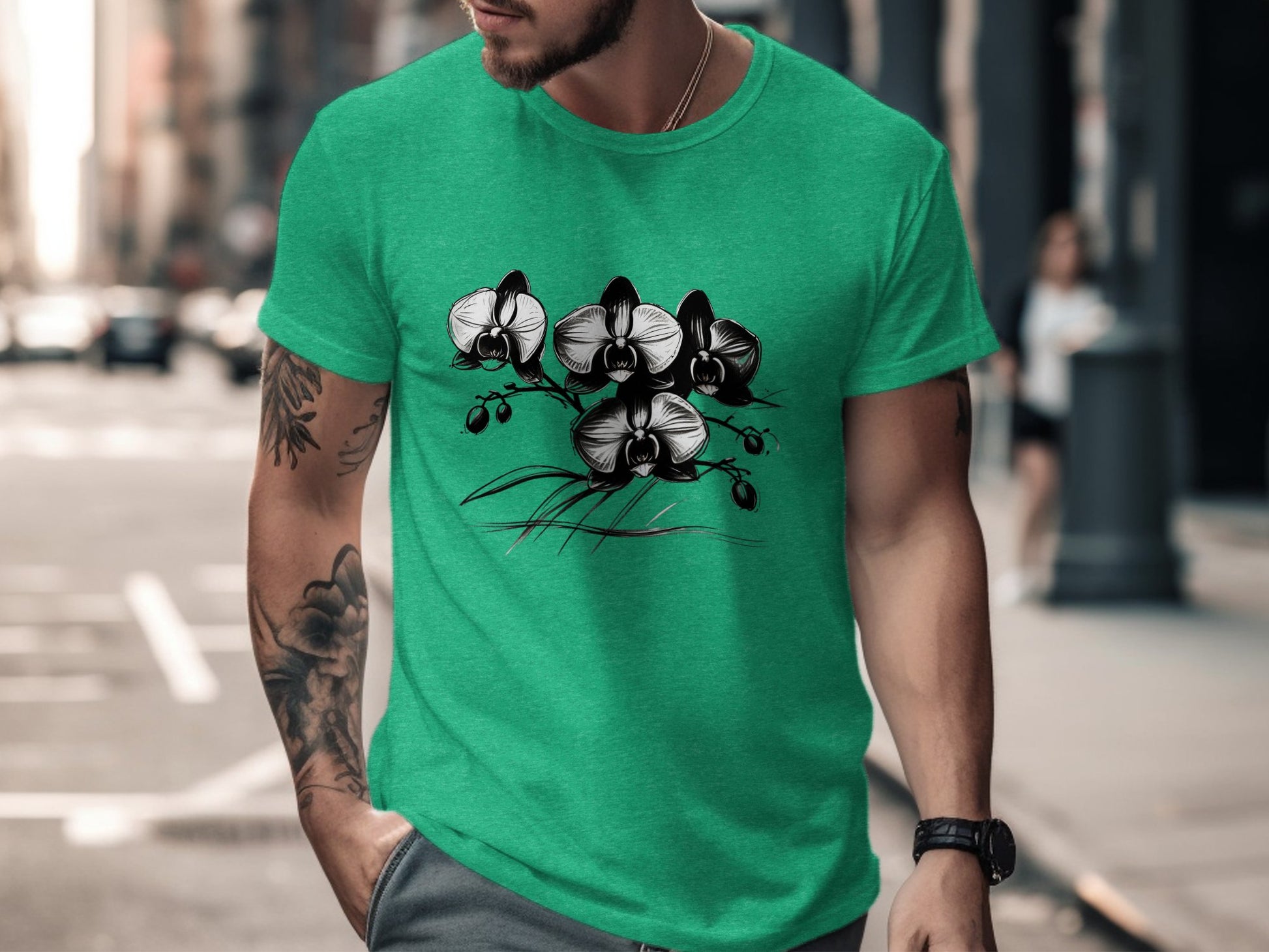 Artistic Black and White Orchid Design T-Shirt, Botanical Floral Print Tee, Nature Inspired Graphic T-Shirt, Unique Fashion Style - Premium  from STXL - Just $24.99! Shop now at STXL