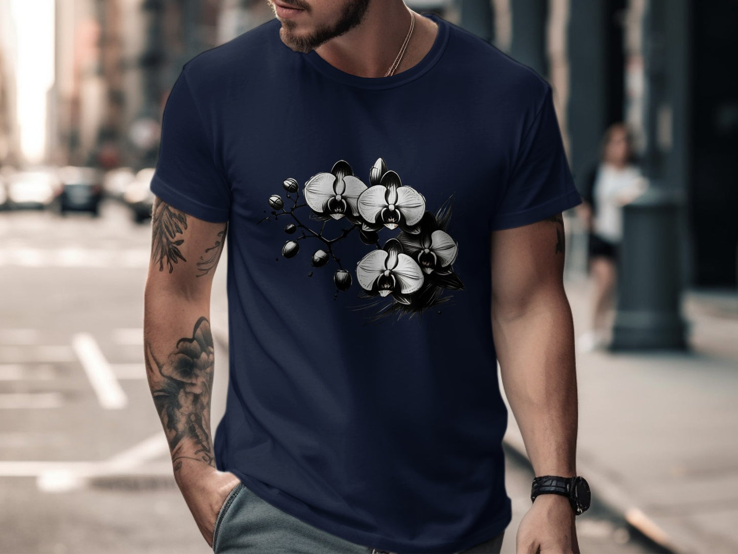 Elegant Black and White Orchid Illustration, Unique Floral Design T-Shirt, Artistic Orchid Graphic Tee, Nature Inspired Top - Premium  from STXL - Just $24.99! Shop now at STXL