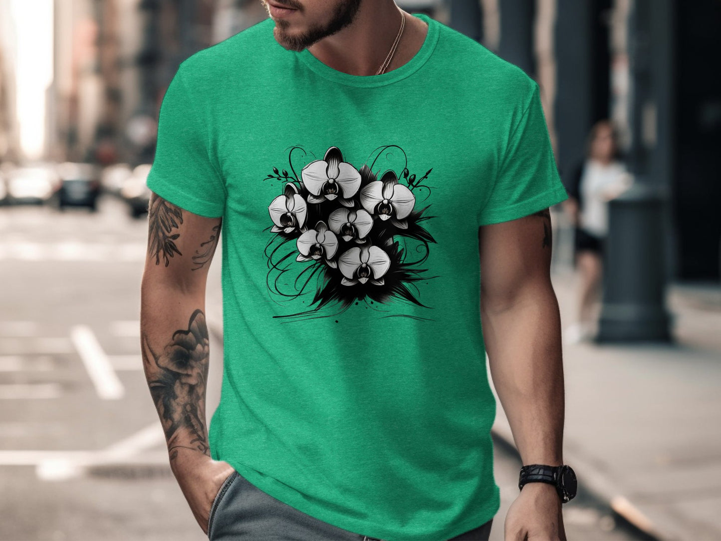 Orchid Flower Bouquet Graphic T-Shirt, Artistic Floral Design Tee, Black and White Flower Print, Unique Graphic T-Shirt, Floral Tee - Premium  from STXL - Just $24.99! Shop now at STXL