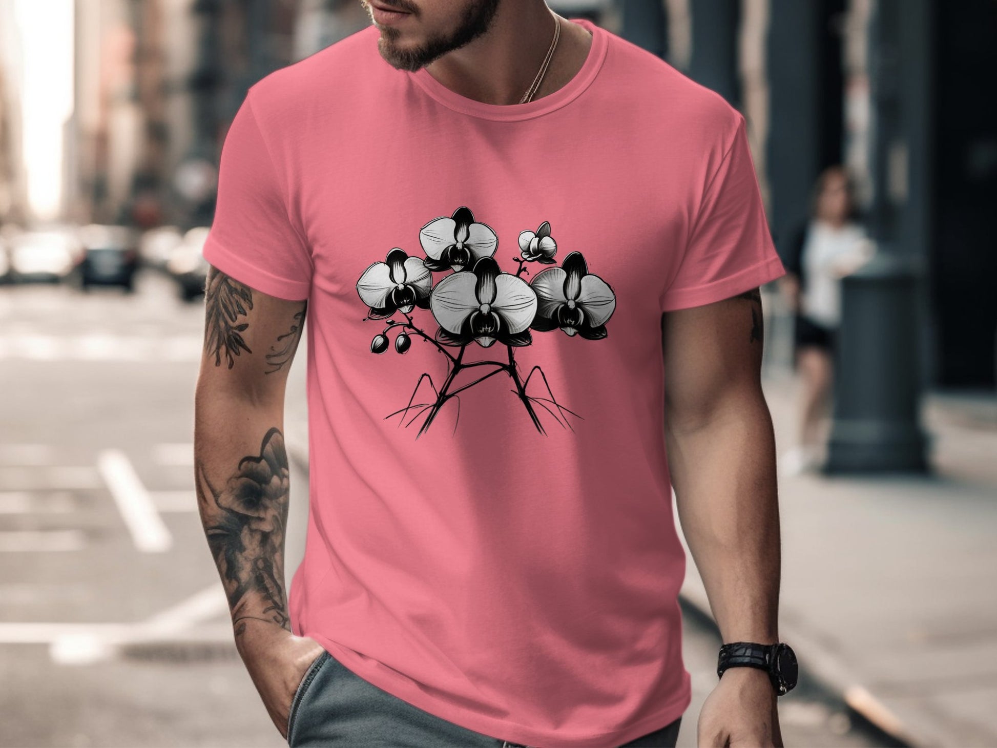 Stylish Black and White Orchid Flower Illustration T-Shirt, Elegant Floral Graphic Tee, Unique Blooming Orchid Art Design Shirt - Premium  from STXL - Just $24.99! Shop now at STXL