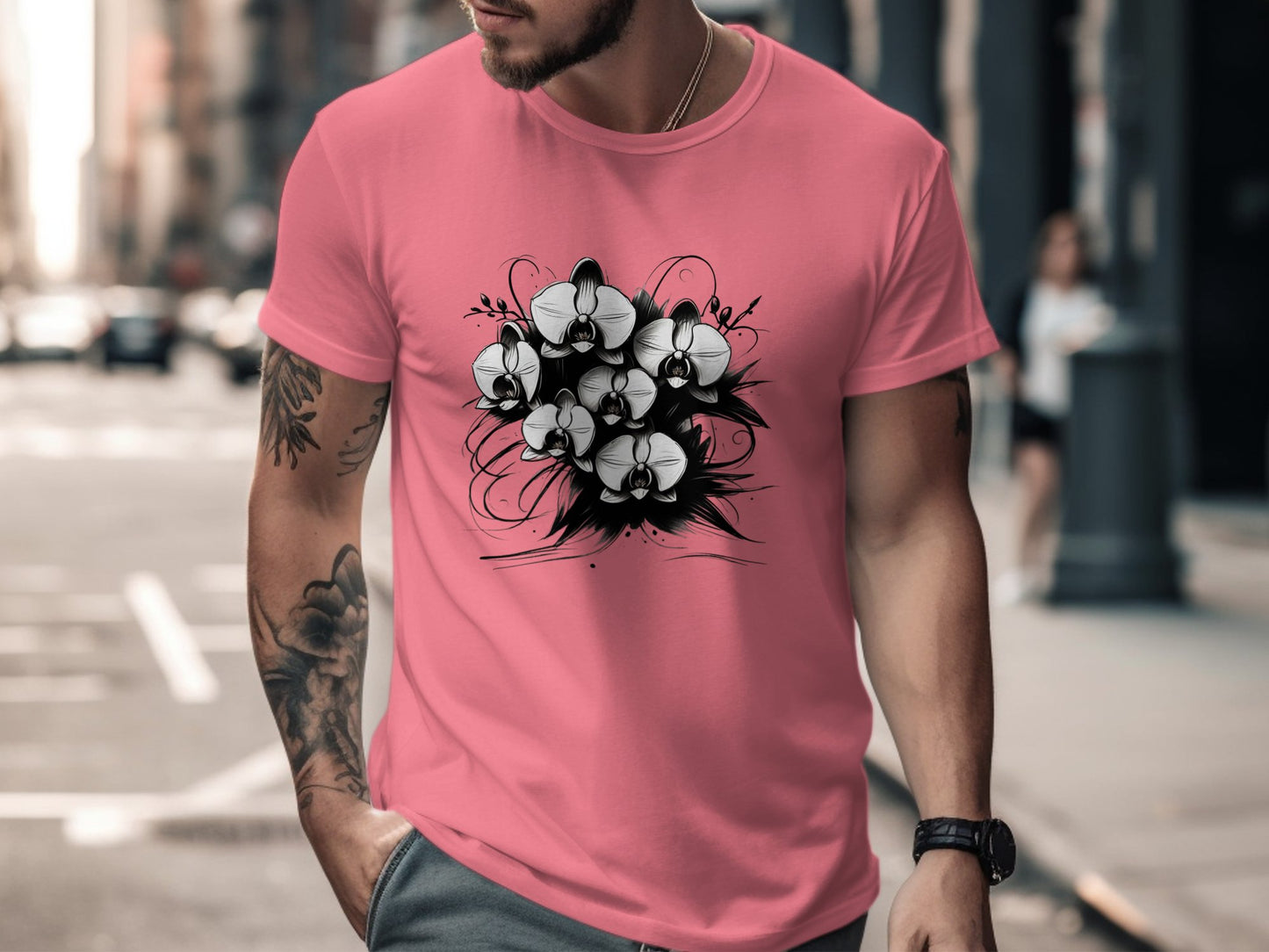 Orchid Flower Bouquet Graphic T-Shirt, Artistic Floral Design Tee, Black and White Flower Print, Unique Graphic T-Shirt, Floral Tee - Premium  from STXL - Just $24.99! Shop now at STXL