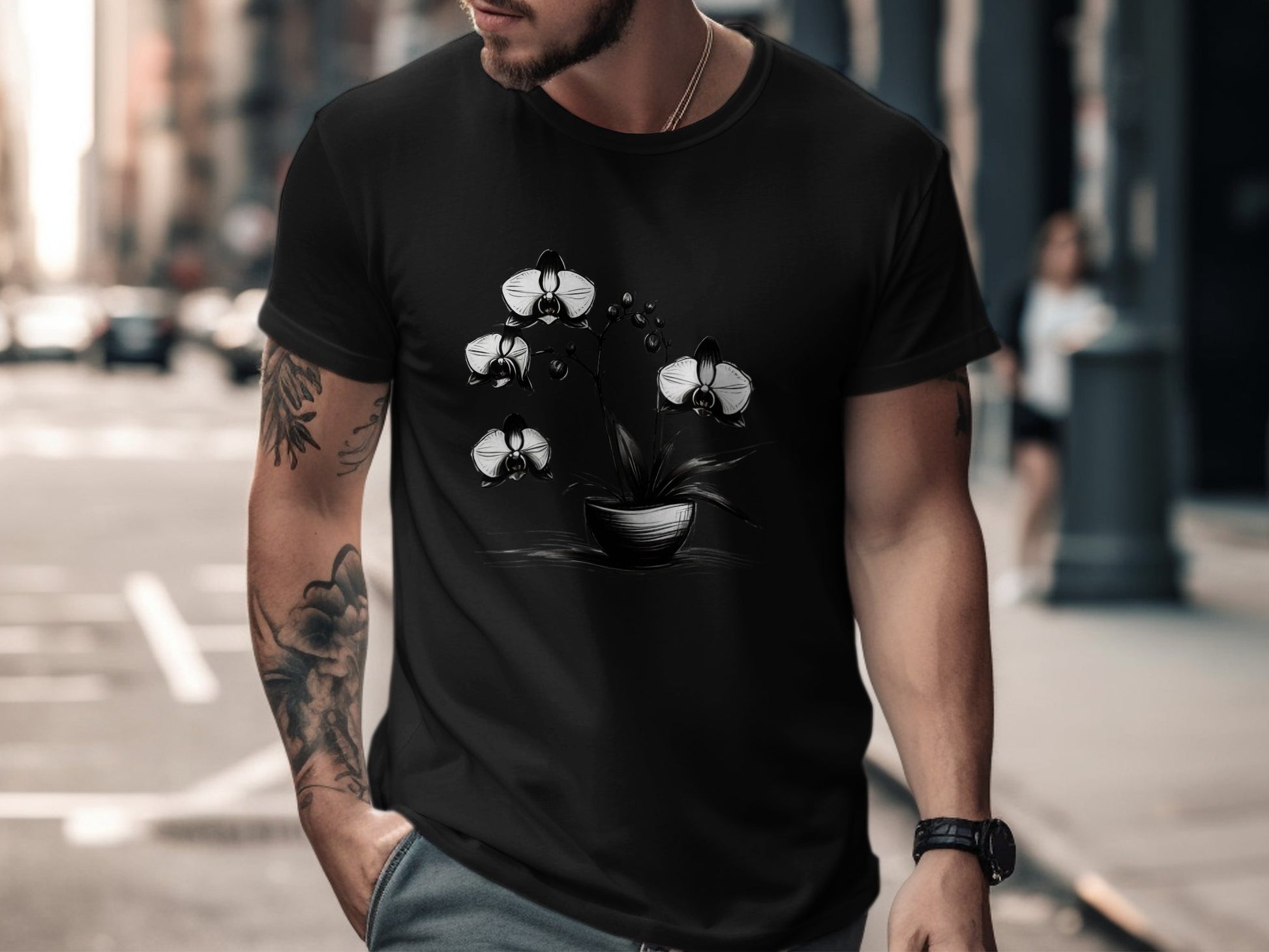 Orchid Flower Sketch Illustration, Black and White Floral Art, Botanical Plant Drawing, Nature Inspired Design, Elegant Flower T-Shirt - Premium  from STXL - Just $24.99! Shop now at STXL