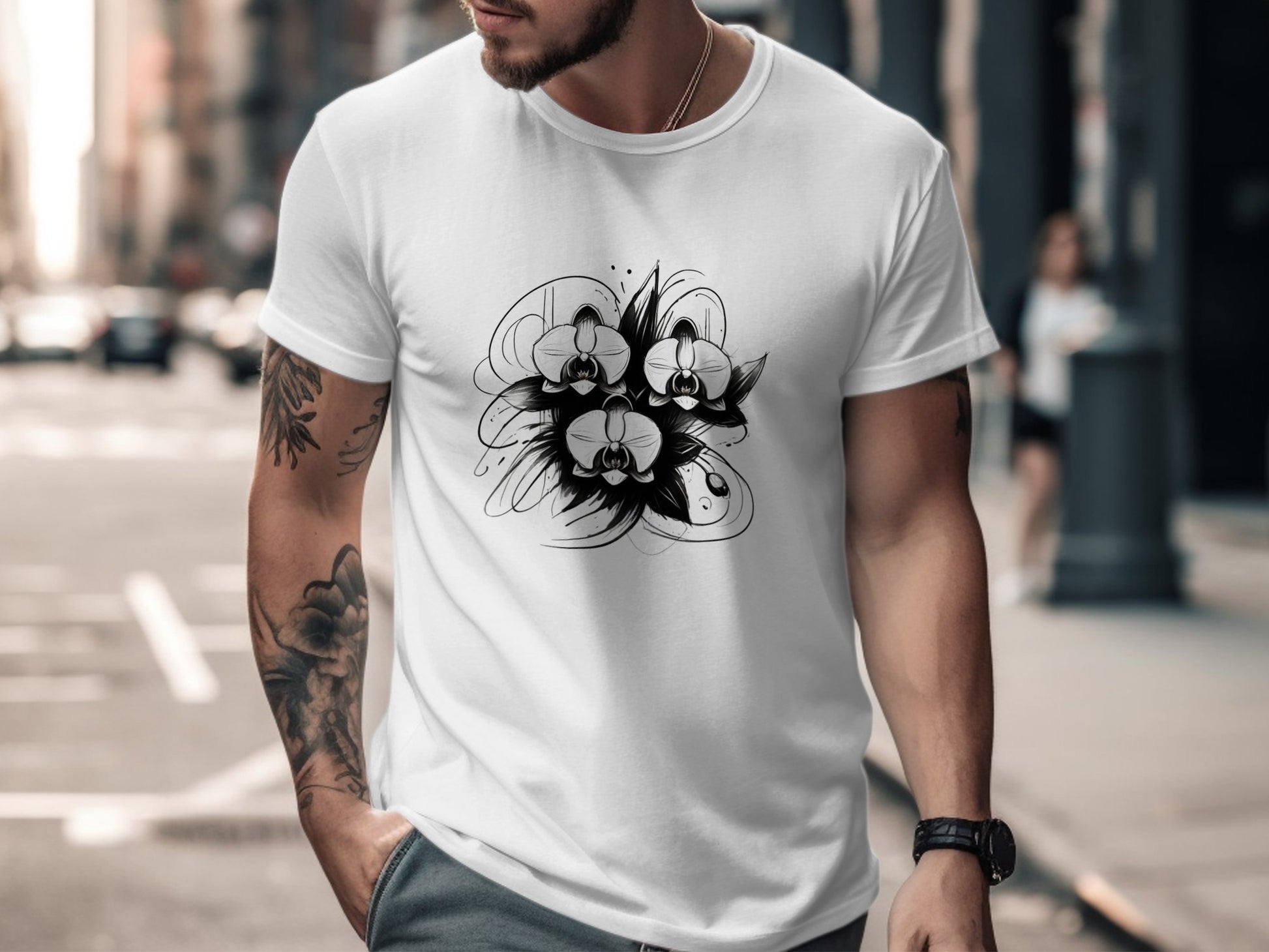 Artistic Orchid Floral Graphic T-Shirt, Abstract Flower Design Tee, Unique Black and White Print, Casual Fashion Shirt - Premium  from STXL - Just $24.99! Shop now at STXL