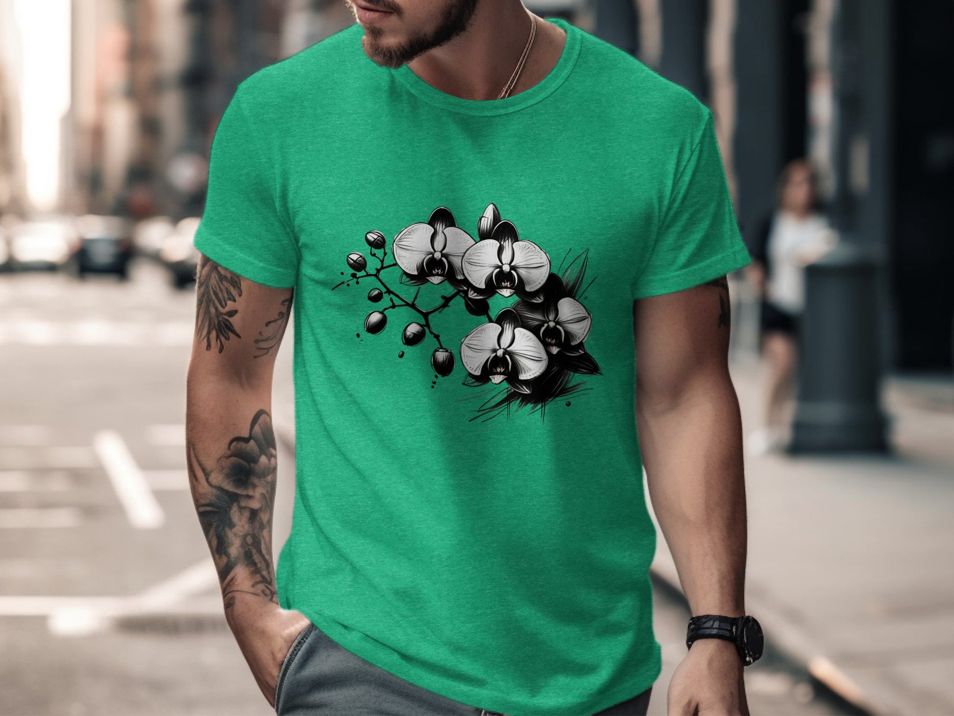 Elegant Black and White Orchid Illustration, Unique Floral Design T-Shirt, Artistic Orchid Graphic Tee, Nature Inspired Top - Premium  from STXL - Just $24.99! Shop now at STXL