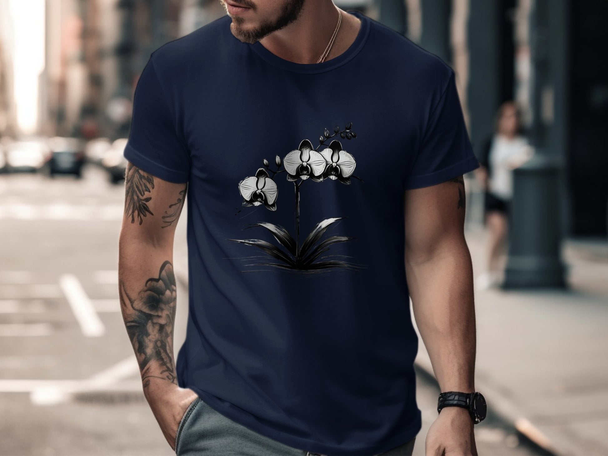 Elegant Black and White Orchid Illustration T-Shirt, Botanical Flower Graphic Tee, Minimalist Nature Art Apparel, Unique Floral Design Top - Premium  from STXL - Just $24.99! Shop now at STXL