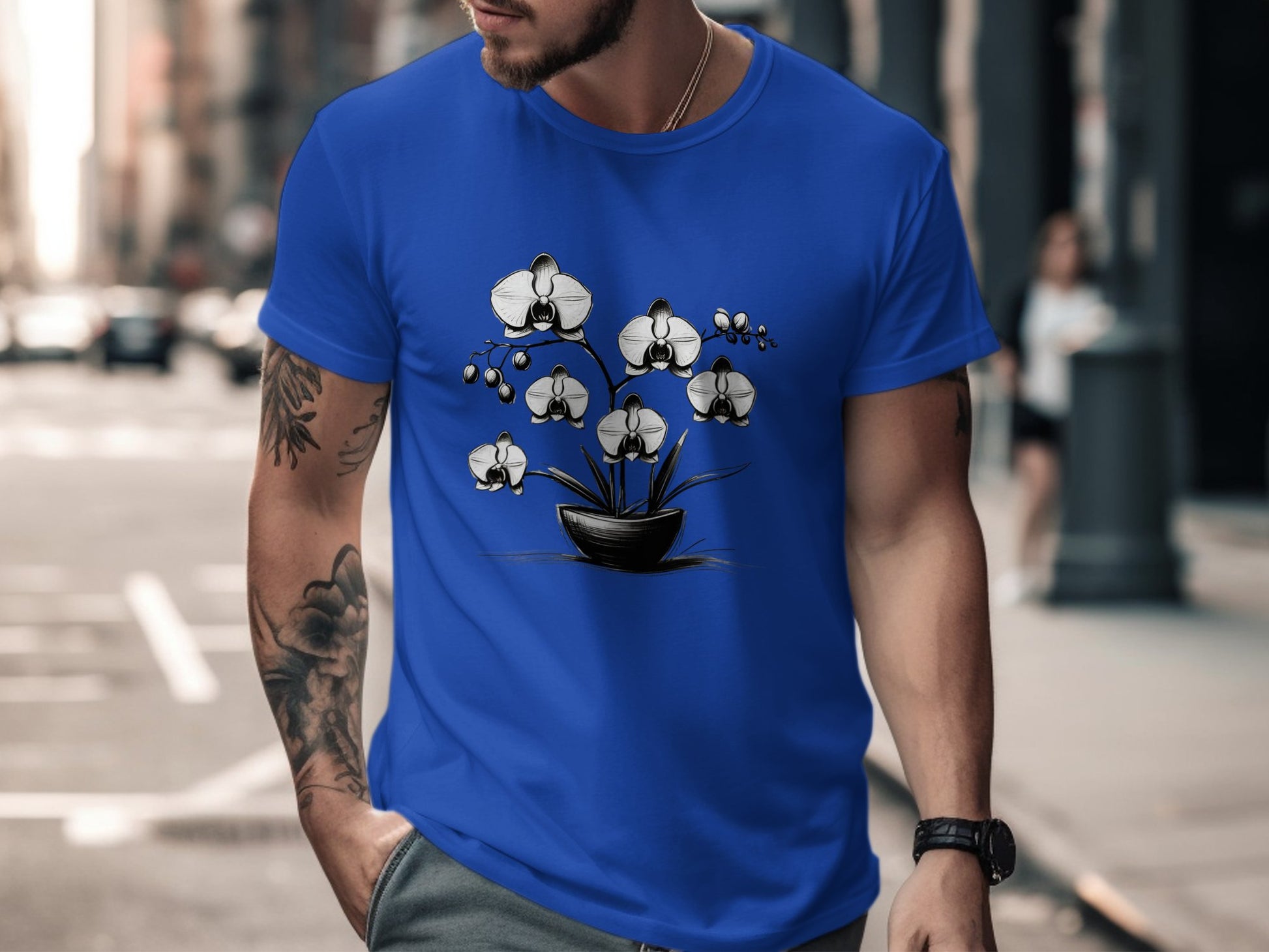 Orchid Flower Pot Drawing T-Shirt, Monochrome Orchid Plant Tee, Simple Floral Design Shirt, Elegant Black and White Floral Tee - Premium  from STXL - Just $24.99! Shop now at STXL