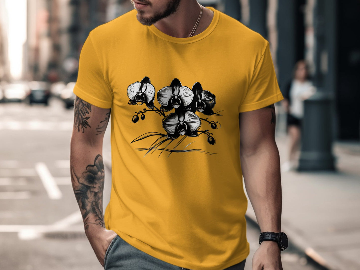 Artistic Black and White Orchid Design T-Shirt, Botanical Floral Print Tee, Nature Inspired Graphic T-Shirt, Unique Fashion Style - Premium  from STXL - Just $24.99! Shop now at STXL