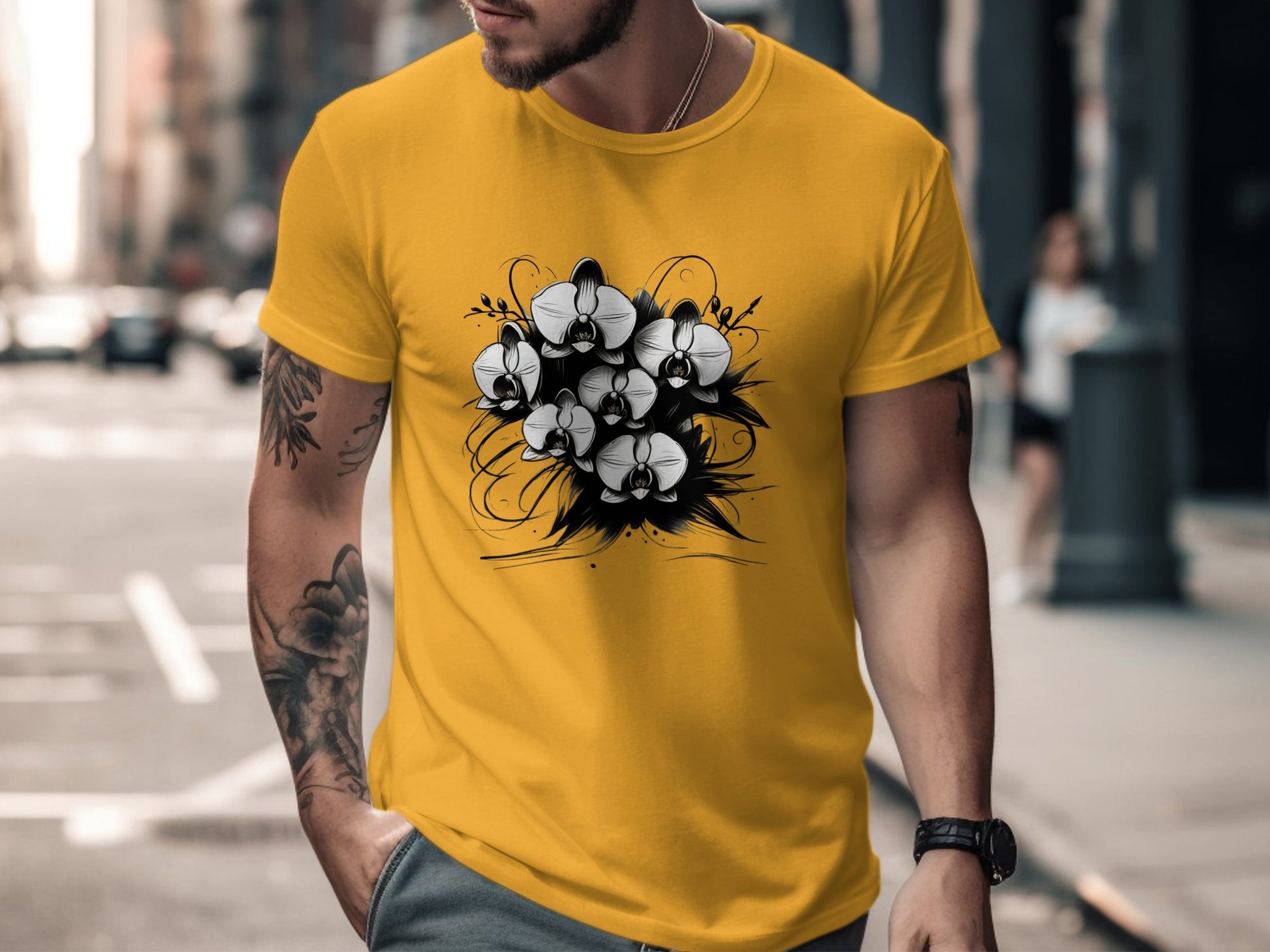 Orchid Flower Bouquet Graphic T-Shirt, Artistic Floral Design Tee, Black and White Flower Print, Unique Graphic T-Shirt, Floral Tee - Premium  from STXL - Just $24.99! Shop now at STXL