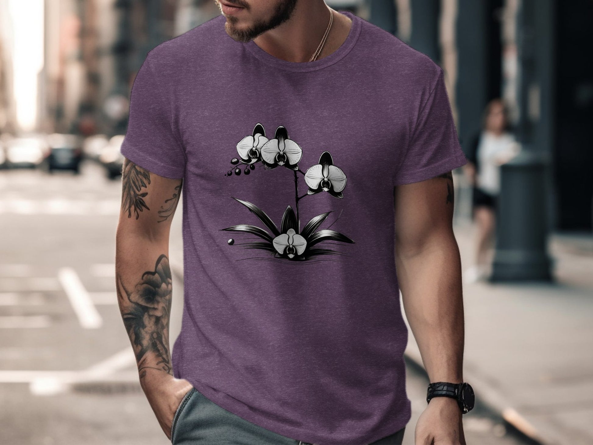 Orchid Flower Illustration T-Shirt, Botanical Art Tee, Monochrome Orchid Design Shirt, Unique Floral Graphic Tee, Minimalist Orchid Print - Premium  from STXL - Just $24.99! Shop now at STXL