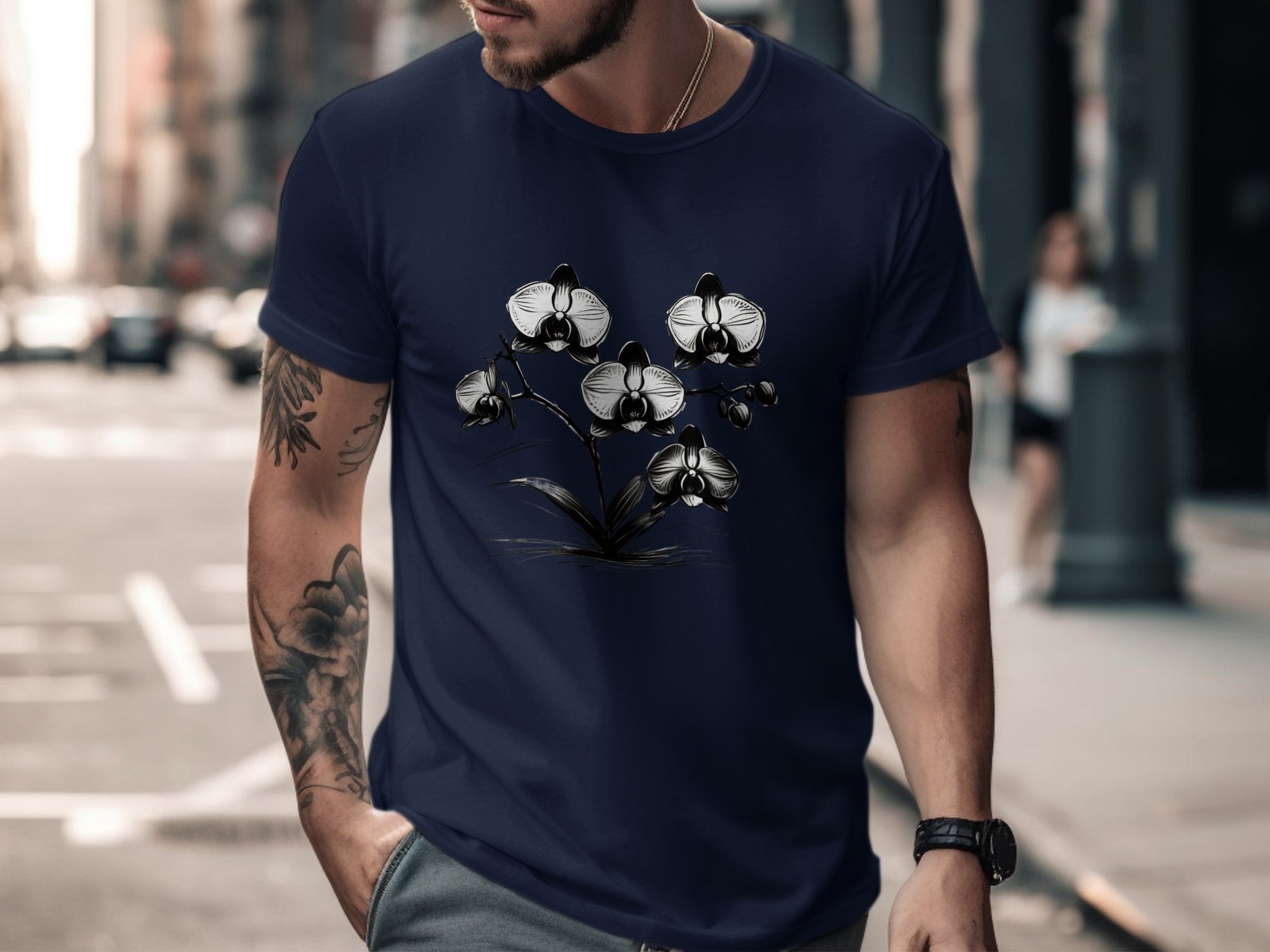 Elegant Black and White Orchid T-Shirt, Stylish Floral Graphic Tee, Botanical Art Design, Unique Casual Wear, Nature-Inspired Shirt - Premium  from STXL - Just $24.99! Shop now at STXL