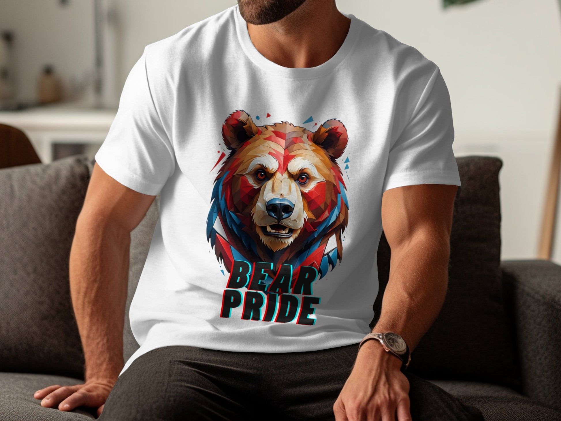 Bear Pride T-Shirt, Colorful Geometric Bear Print, Animal Graphic Tee, Bold Bear Head Design, Unique Wildlife Art, Eco-Friendly Gift - Premium  from STXL - Just $24.99! Shop now at STXL