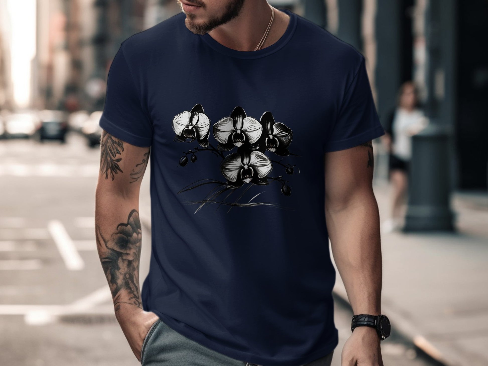 Artistic Black and White Orchid Design T-Shirt, Botanical Floral Print Tee, Nature Inspired Graphic T-Shirt, Unique Fashion Style - Premium  from STXL - Just $24.99! Shop now at STXL