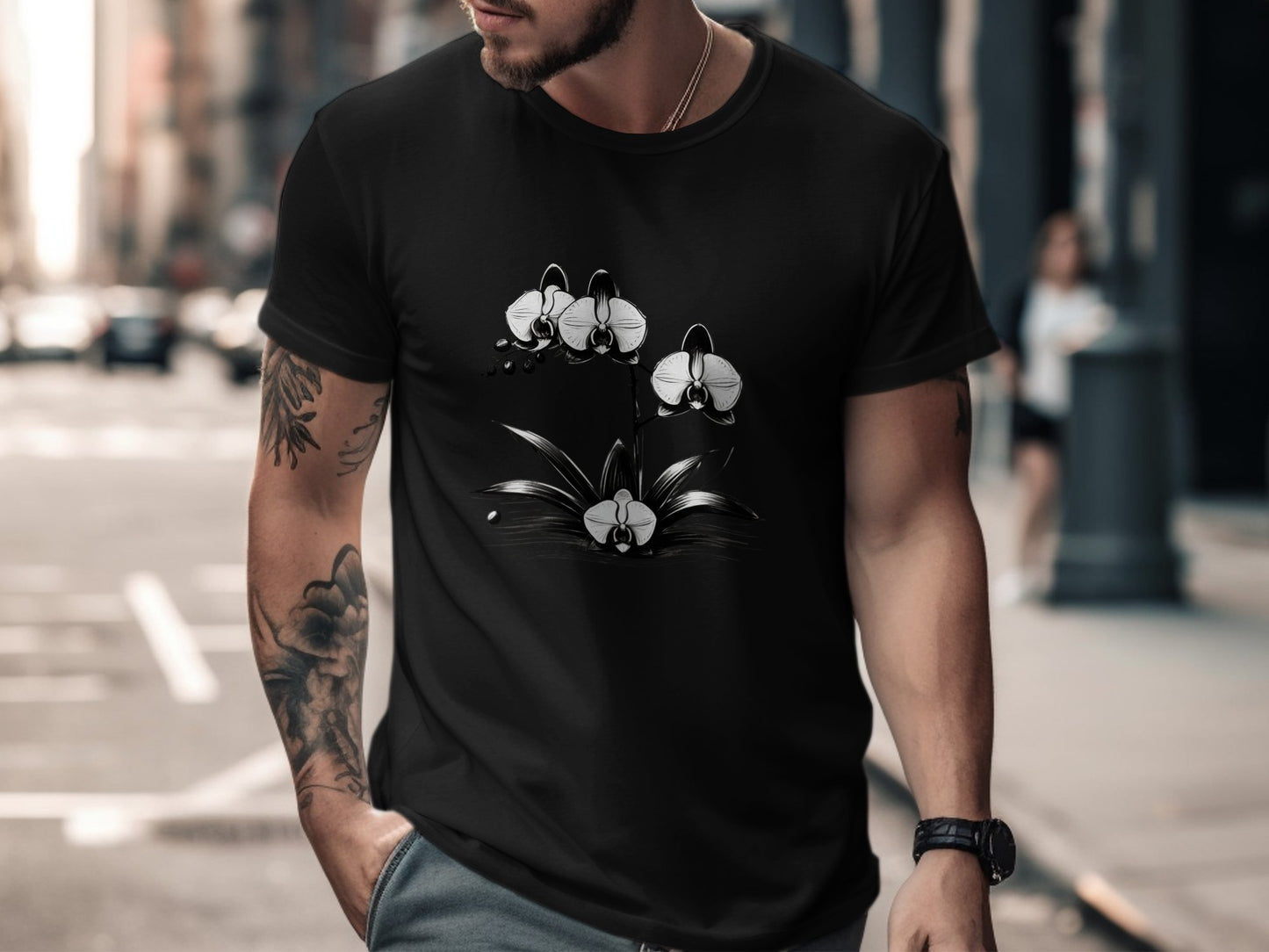 Orchid Flower Illustration T-Shirt, Botanical Art Tee, Monochrome Orchid Design Shirt, Unique Floral Graphic Tee, Minimalist Orchid Print - Premium  from STXL - Just $24.99! Shop now at STXL