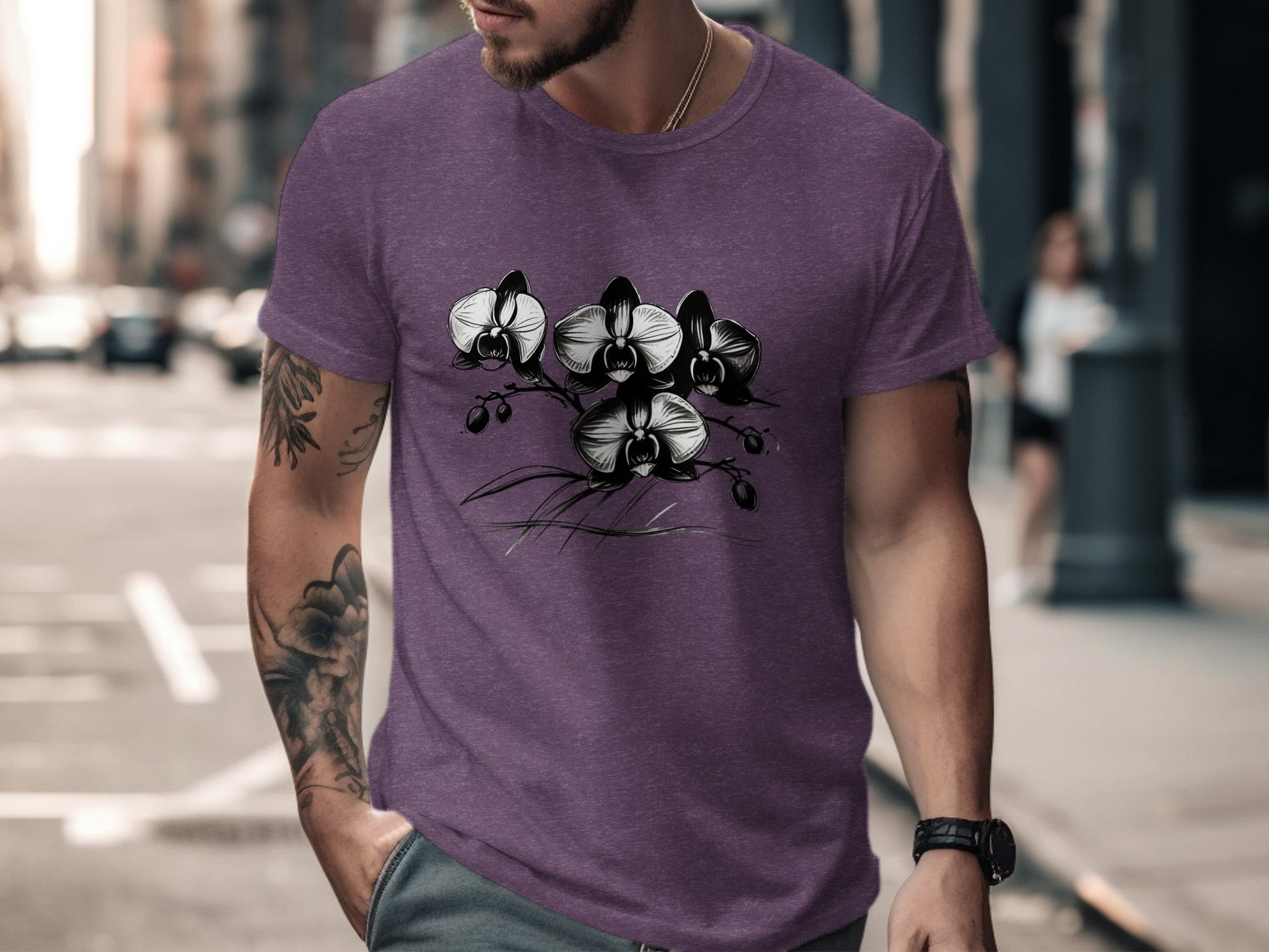 Artistic Black and White Orchid Design T-Shirt, Botanical Floral Print Tee, Nature Inspired Graphic T-Shirt, Unique Fashion Style - Premium  from STXL - Just $24.99! Shop now at STXL