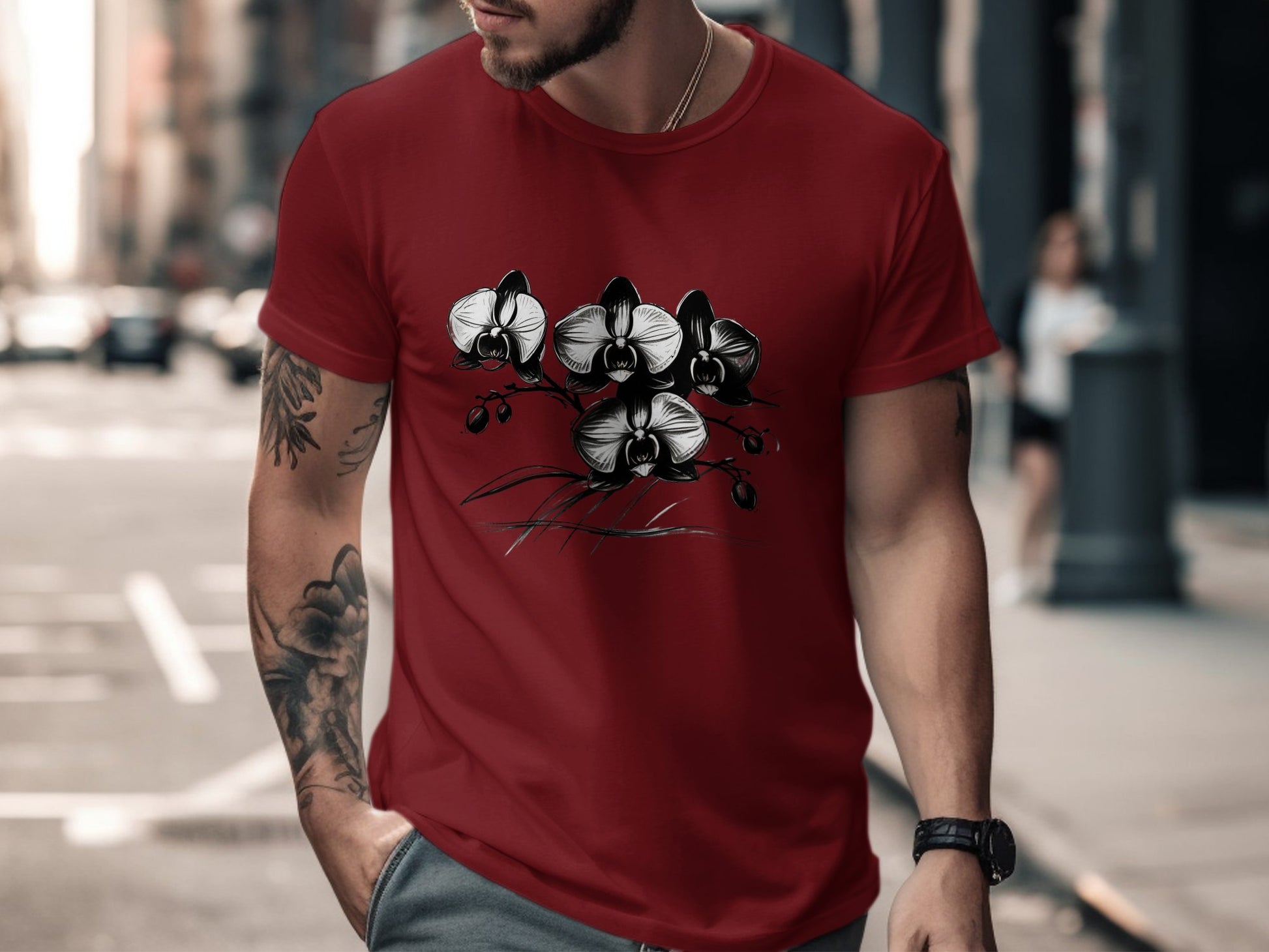 Artistic Black and White Orchid Design T-Shirt, Botanical Floral Print Tee, Nature Inspired Graphic T-Shirt, Unique Fashion Style - Premium  from STXL - Just $24.99! Shop now at STXL