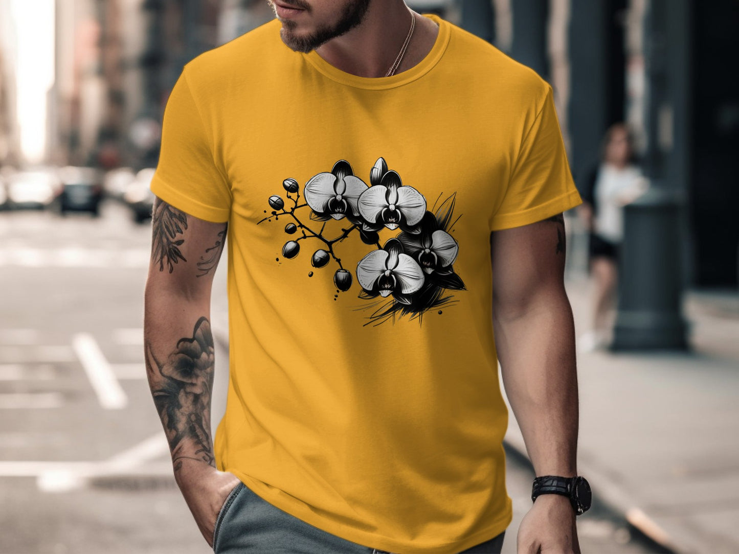 Elegant Black and White Orchid Illustration, Unique Floral Design T-Shirt, Artistic Orchid Graphic Tee, Nature Inspired Top - Premium  from STXL - Just $24.99! Shop now at STXL