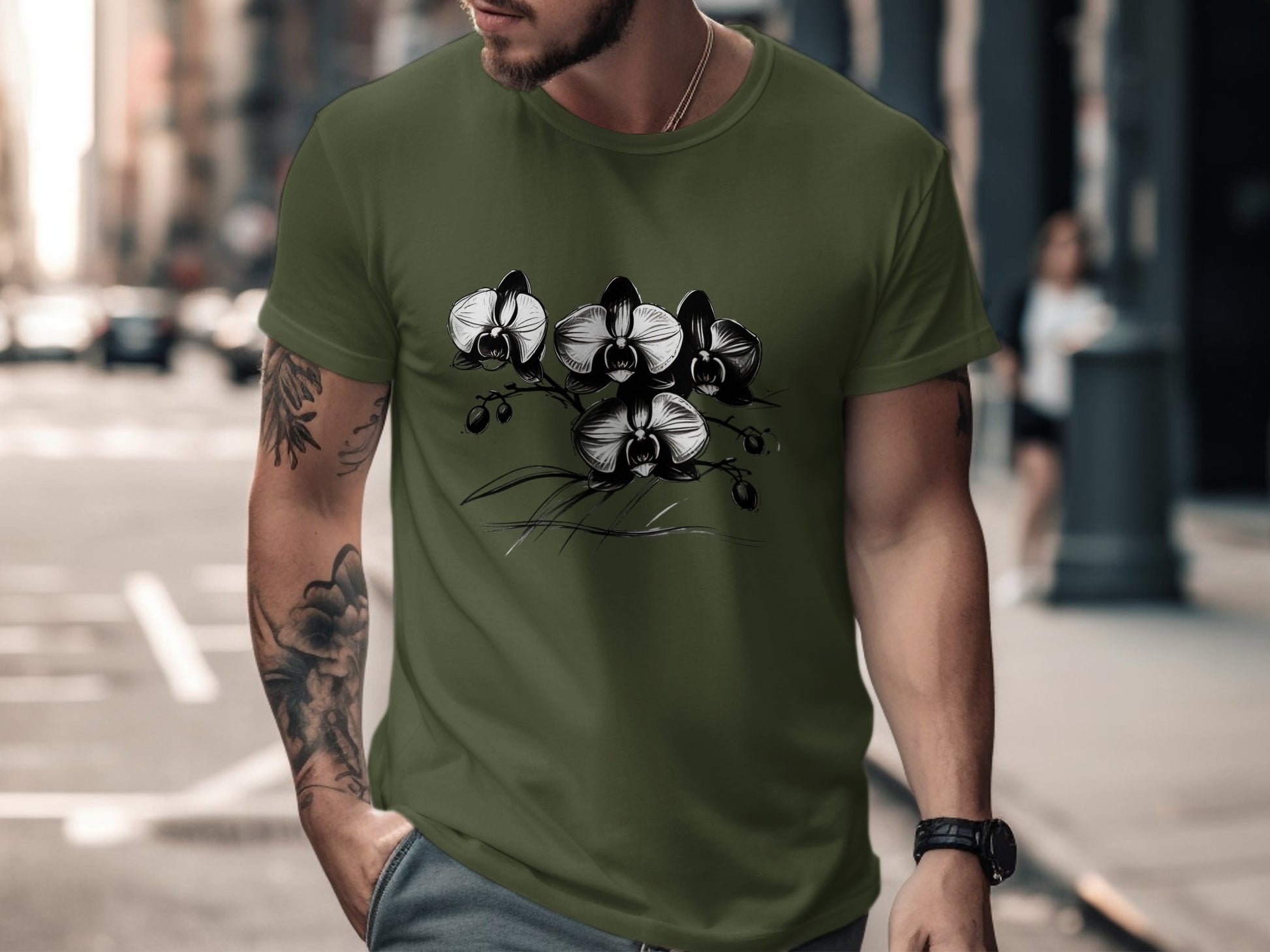 Artistic Black and White Orchid Design T-Shirt, Botanical Floral Print Tee, Nature Inspired Graphic T-Shirt, Unique Fashion Style - Premium  from STXL - Just $24.99! Shop now at STXL