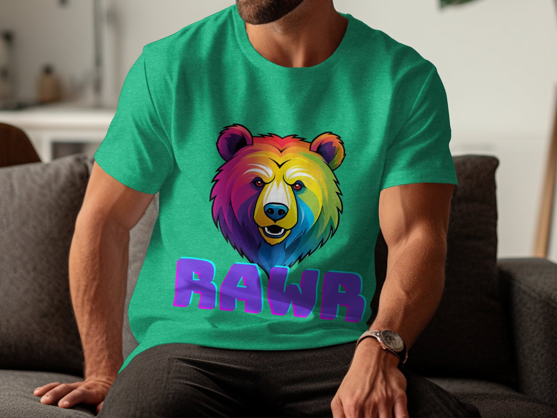 Colorful Bear Graphic T-Shirt, Rainbow Bear with RAWR Text Shirt, Unique Bear Design Tee, Bold Colorful Animal Print T-Shirt - Premium  from STXL - Just $24.99! Shop now at STXL